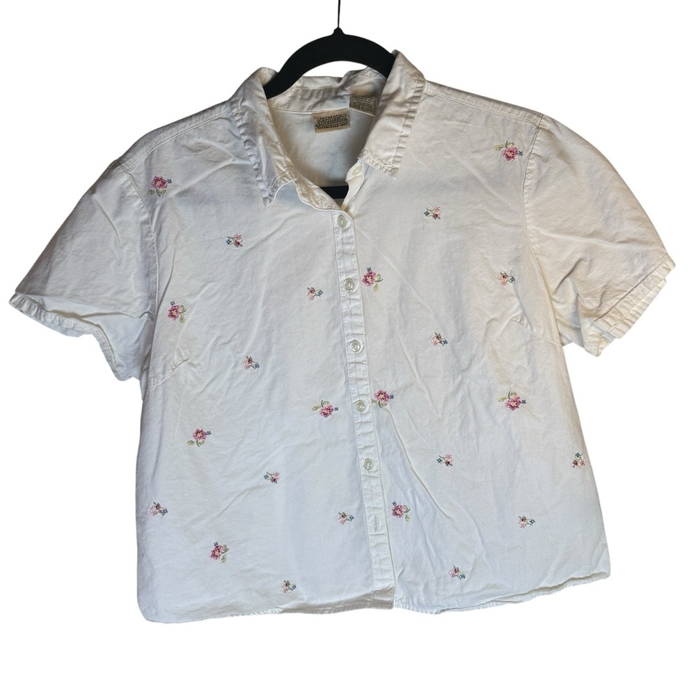 90's St. John's Bay White Floral Short Sleeve Button Up Shirt Womans Petite Sz L